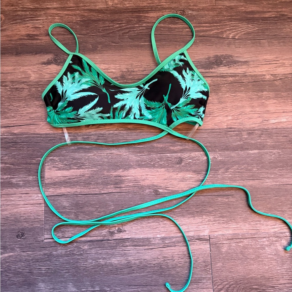 Green and Black Leaf Print Bikini Top